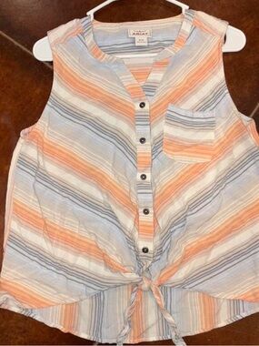 Ariat Striped Button-Front Sleeveless Top — Blue, Orange & Gray